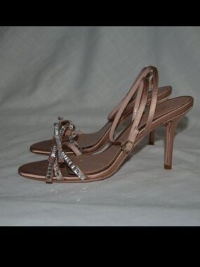 Sz 37.5  Gedebe Cecile Satin Nude Rhinestone Bow Detail 3.5" Strappy Heels